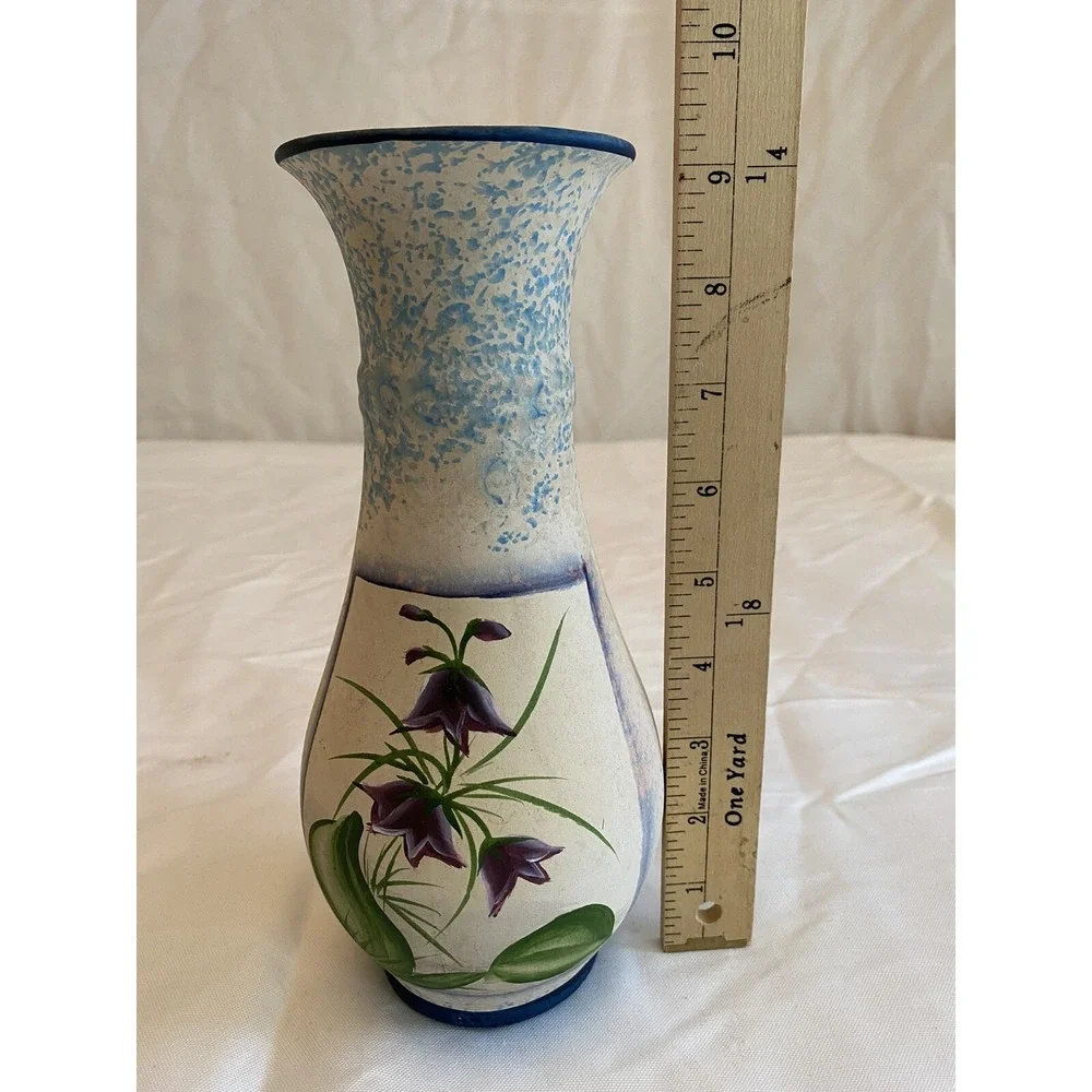 VTG 80s Hand Painted Ceramic Vase Blue Speckled‎ Floral Purple Bell Flowers 9